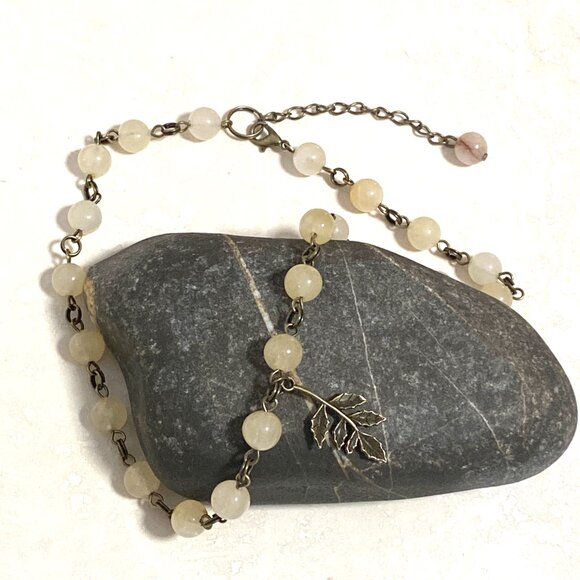Natural Yellow Aventurine Necklace, Bronze Leaf Branch + Genuine Gemstone Choker - Picture 4 of 14